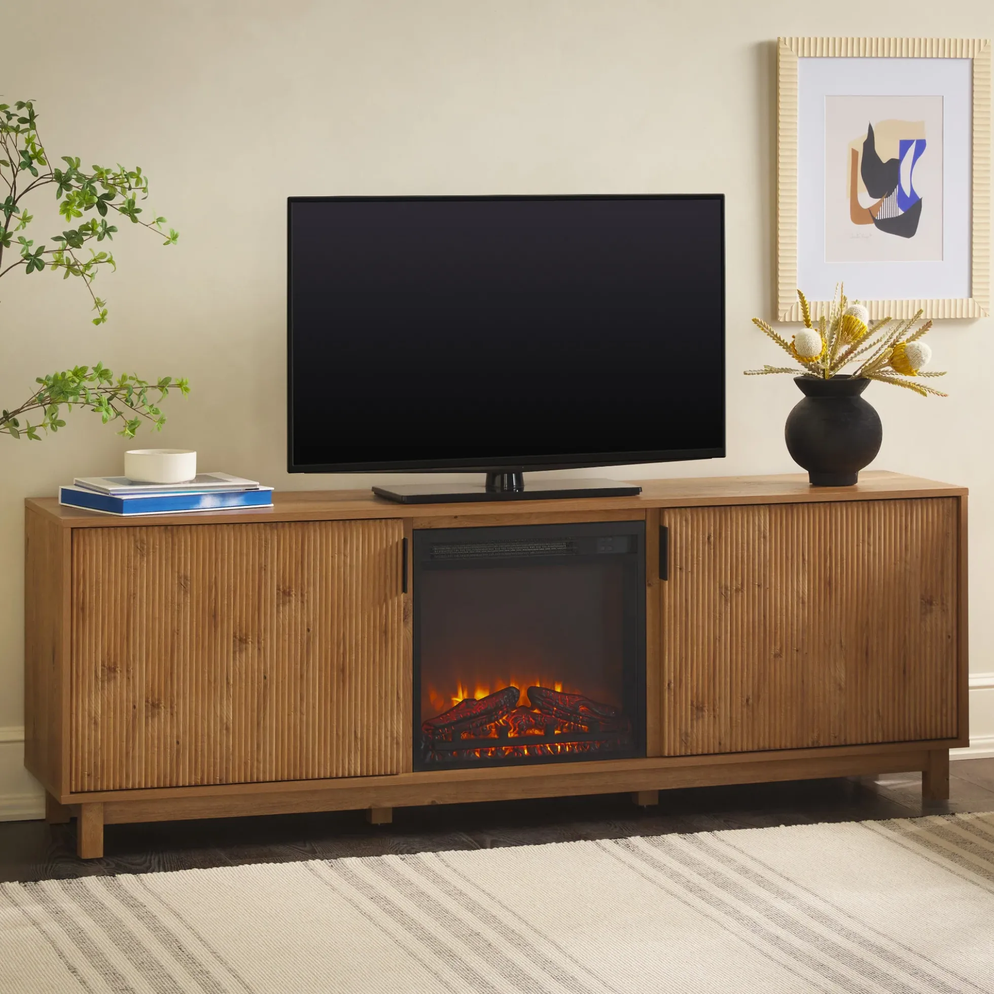 Reema Scandinavian 70" Modern Reeded TV Stand with Freestanding Electric Fireplace
