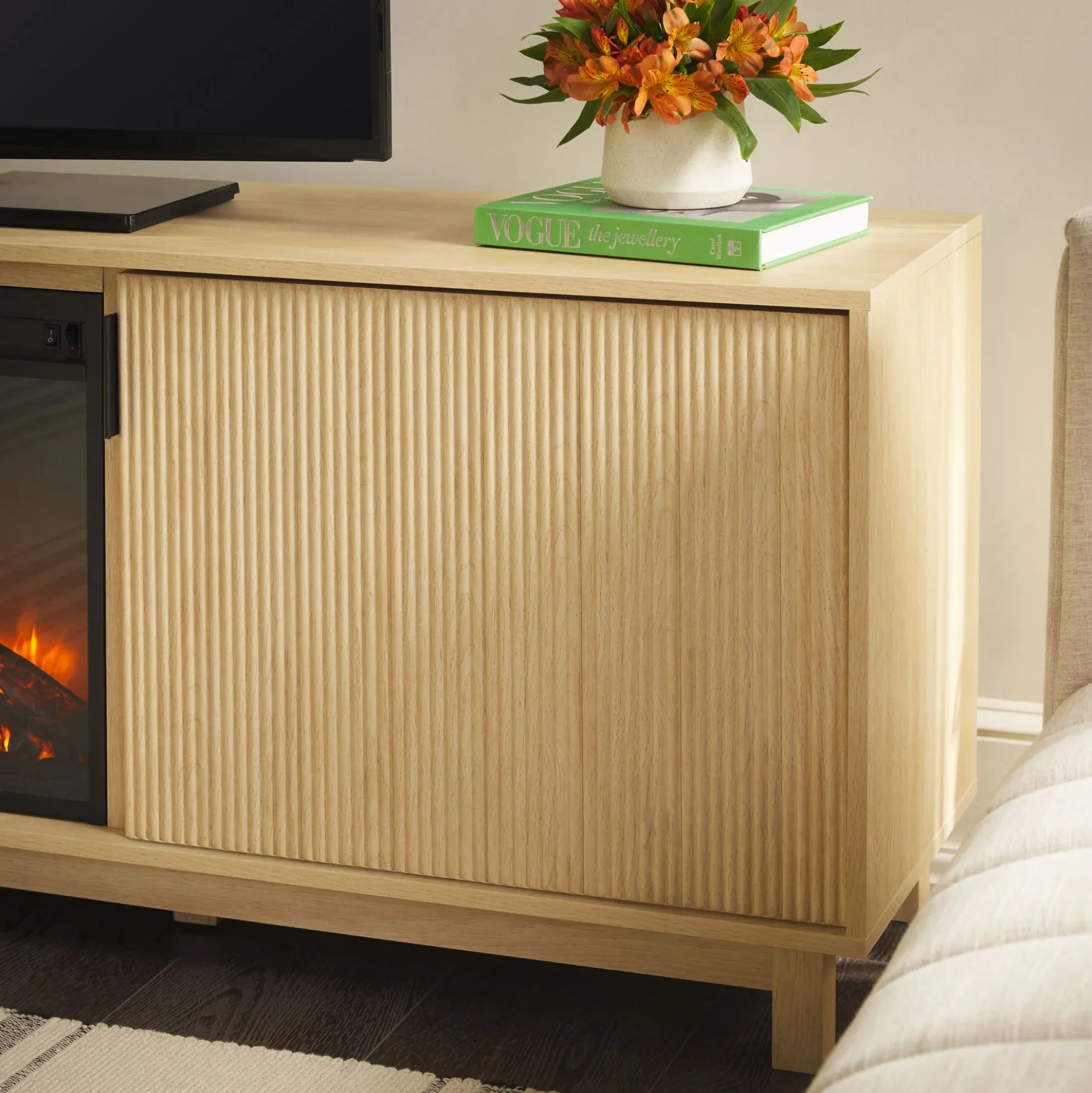 Reema Scandinavian 70" Modern Reeded TV Stand with Freestanding Electric Fireplace