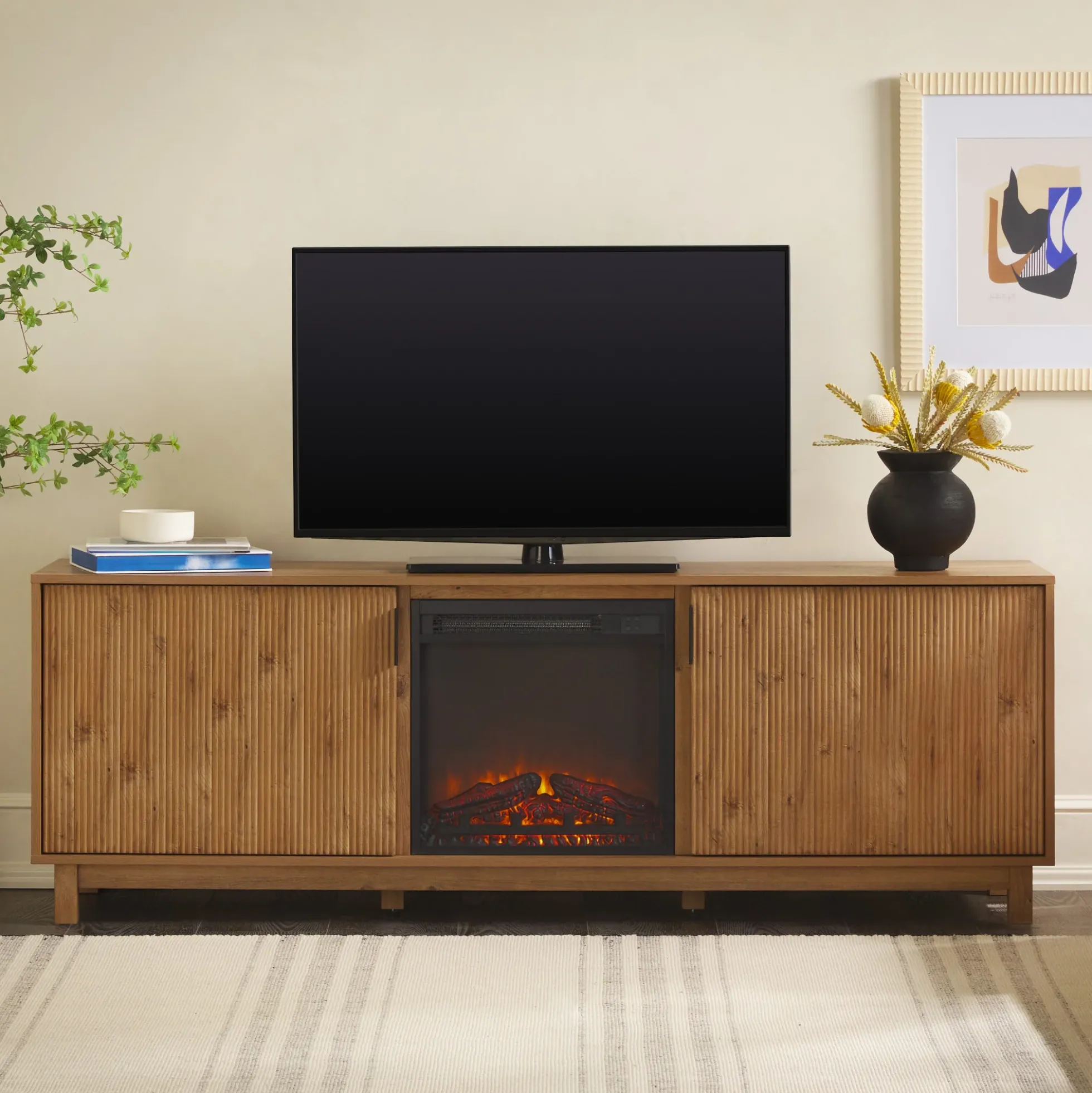 Reema Scandinavian 70" Modern Reeded TV Stand with Freestanding Electric Fireplace