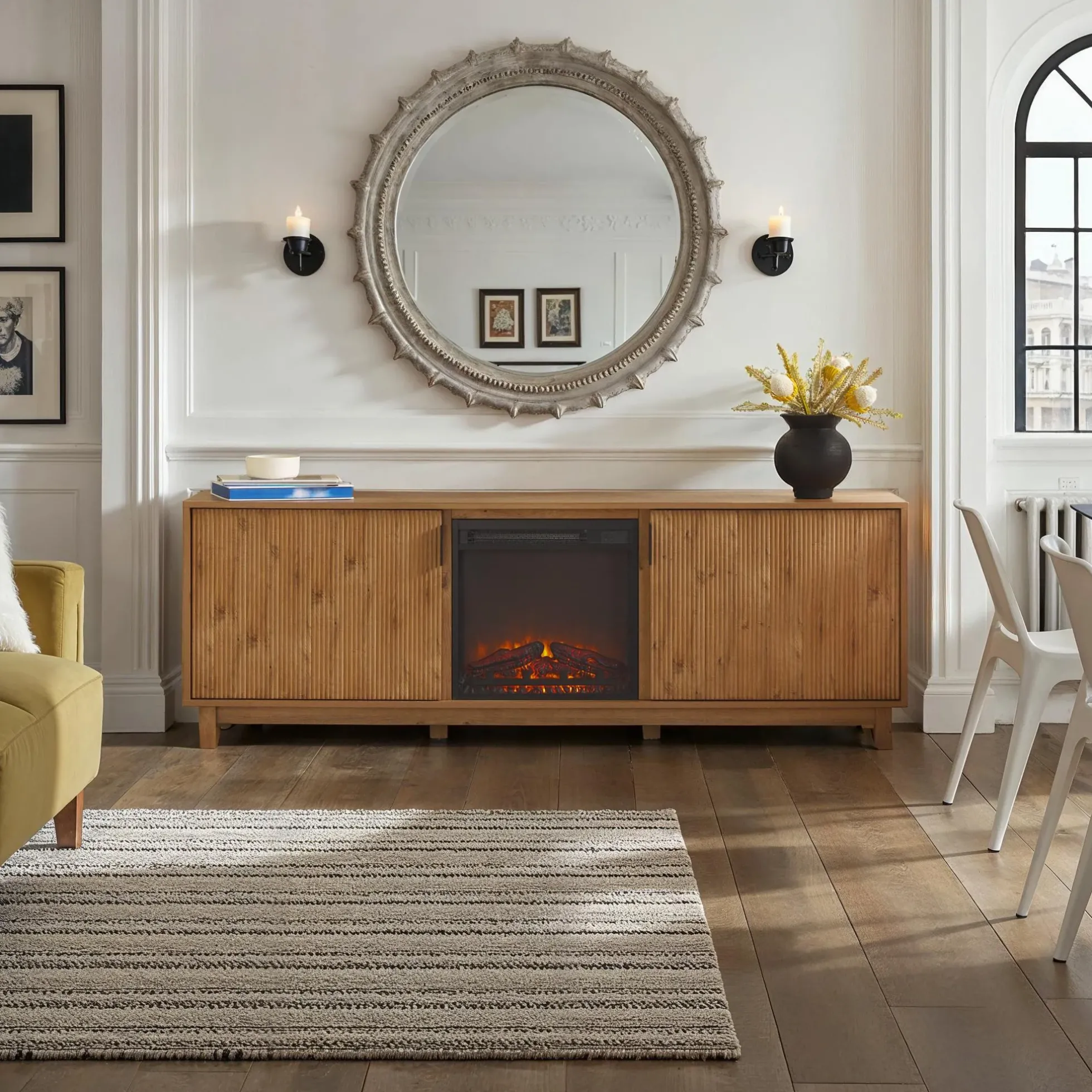 Reema Scandinavian 70" Modern Reeded TV Stand with Freestanding Electric Fireplace