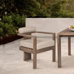 Relic Outdoor Patio Dining Chair in Weathered Eucalyptus Wood with Taupe Olefin Cushions