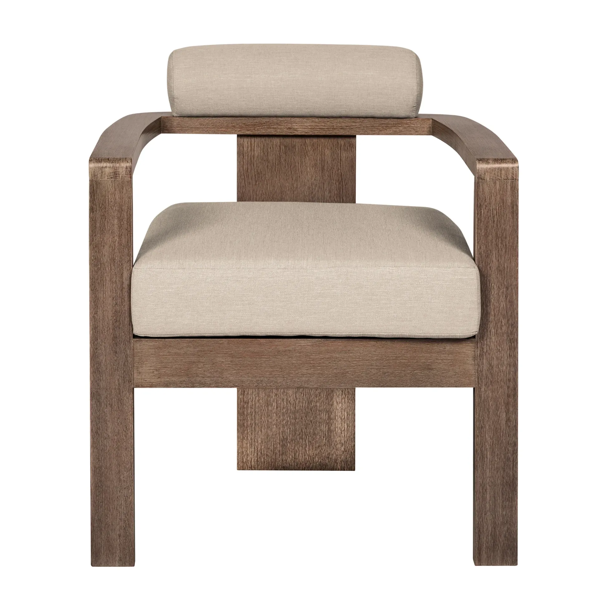 Relic Outdoor Patio Dining Chair in Weathered Eucalyptus Wood with Taupe Olefin Cushions