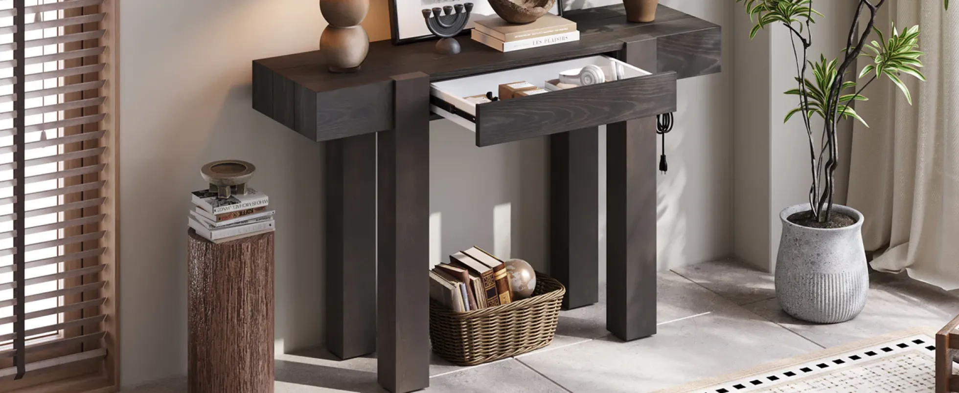 Rustic Minimalist Console Entryway Table with Hidden Drawer and Side Power Outlet