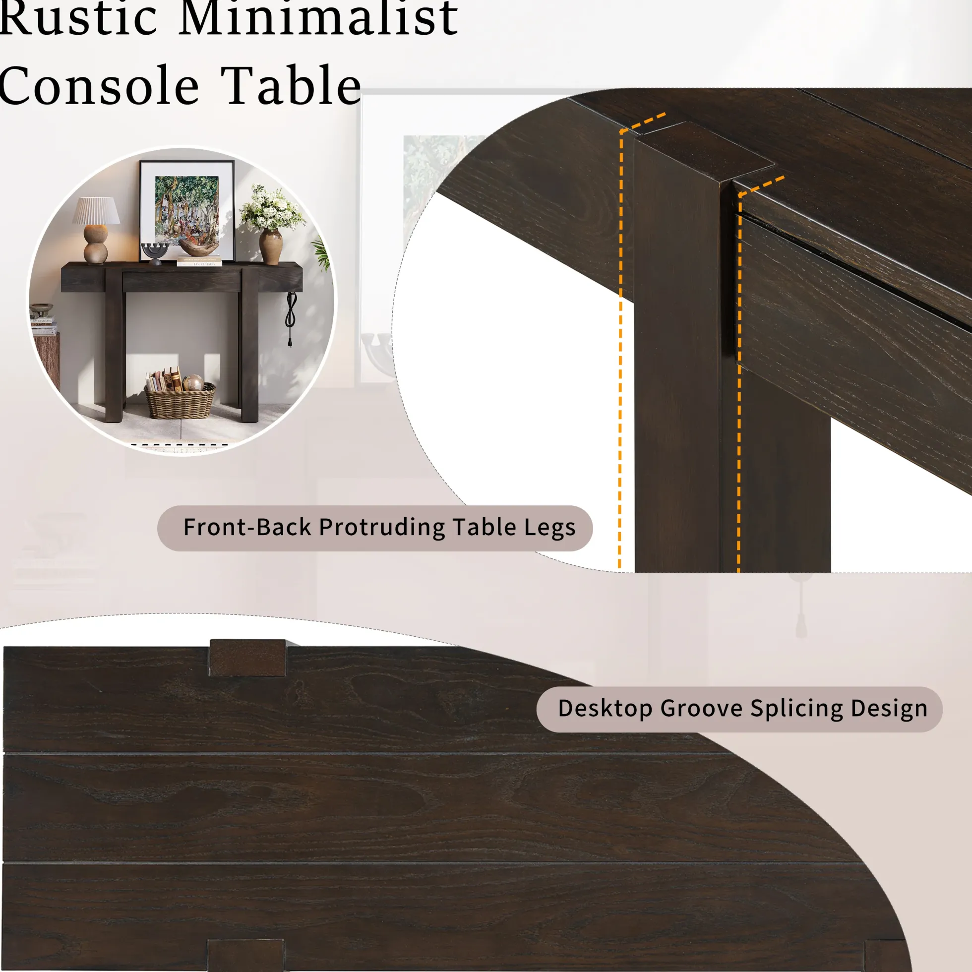 Rustic Minimalist Console Entryway Table with Hidden Drawer and Side Power Outlet