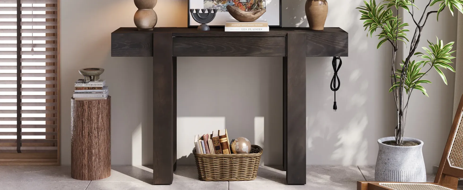 Rustic Minimalist Console Entryway Table with Hidden Drawer and Side Power Outlet
