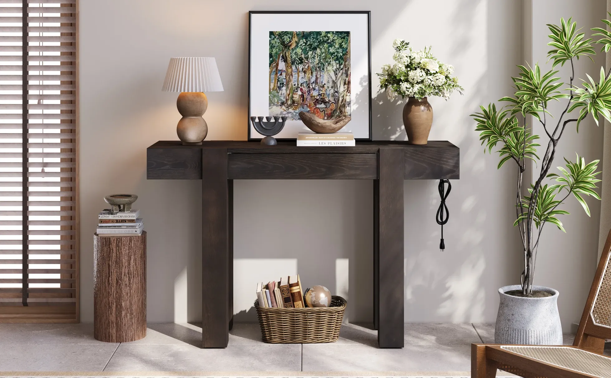 Rustic Minimalist Console Entryway Table with Hidden Drawer and Side Power Outlet