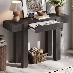 Rustic Minimalist Console Entryway Table with Hidden Drawer and Side Power Outlet