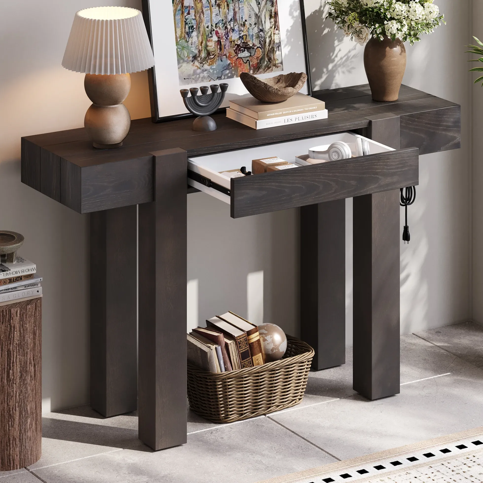 Rustic Minimalist Console Entryway Table with Hidden Drawer and Side Power Outlet