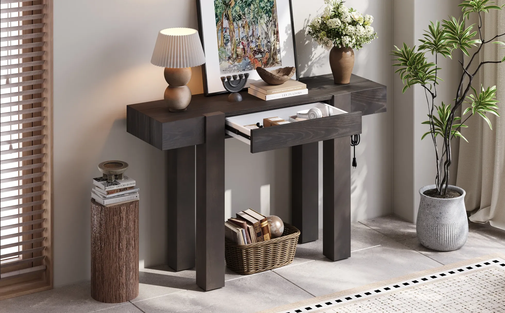 Rustic Minimalist Console Entryway Table with Hidden Drawer and Side Power Outlet