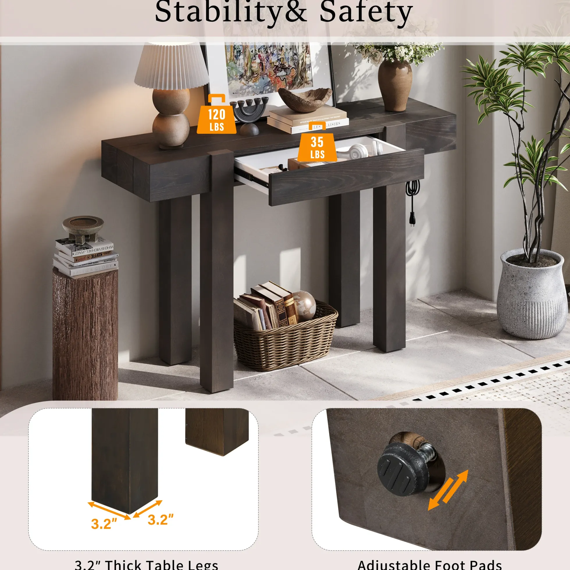 Rustic Minimalist Console Entryway Table with Hidden Drawer and Side Power Outlet