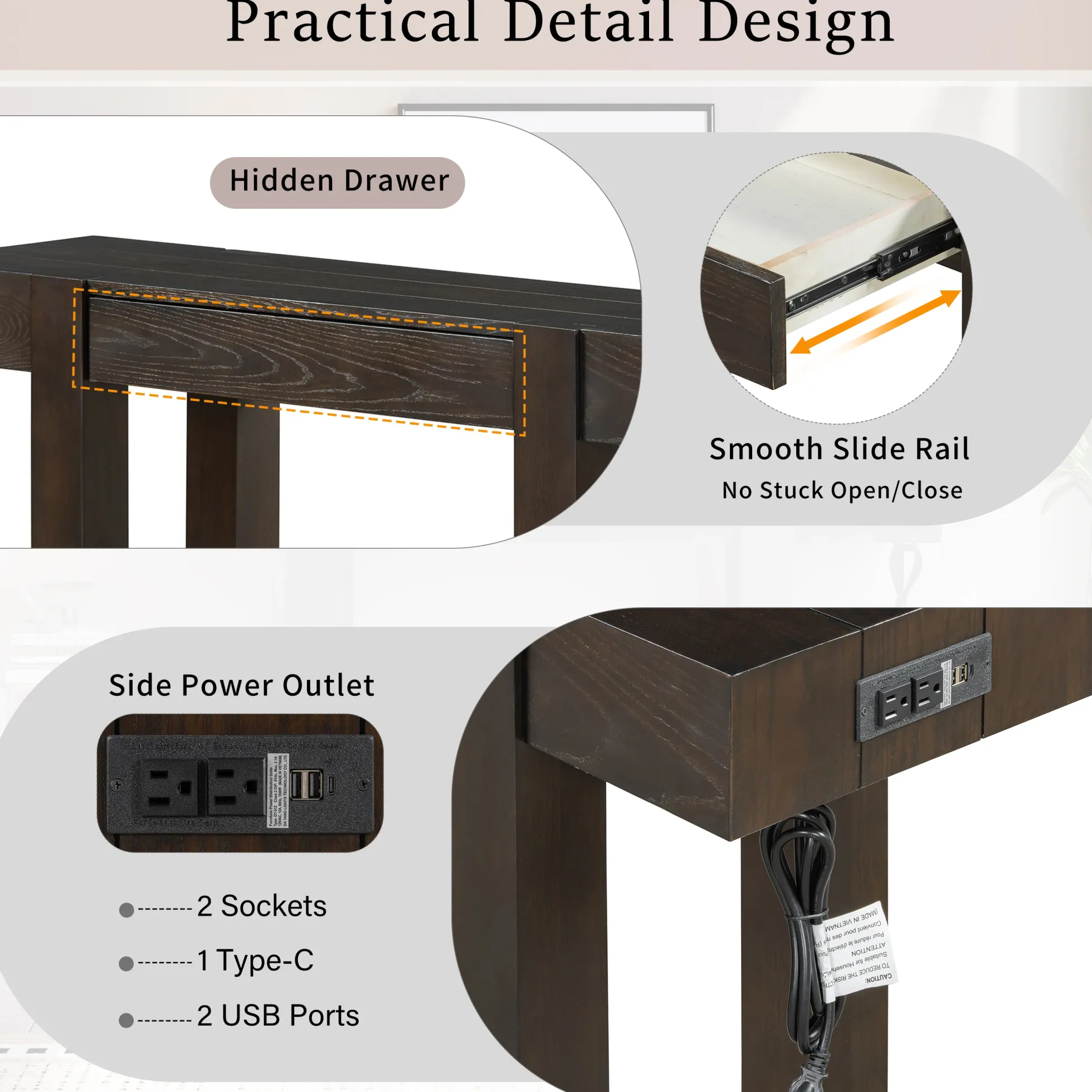 Rustic Minimalist Console Entryway Table with Hidden Drawer and Side Power Outlet
