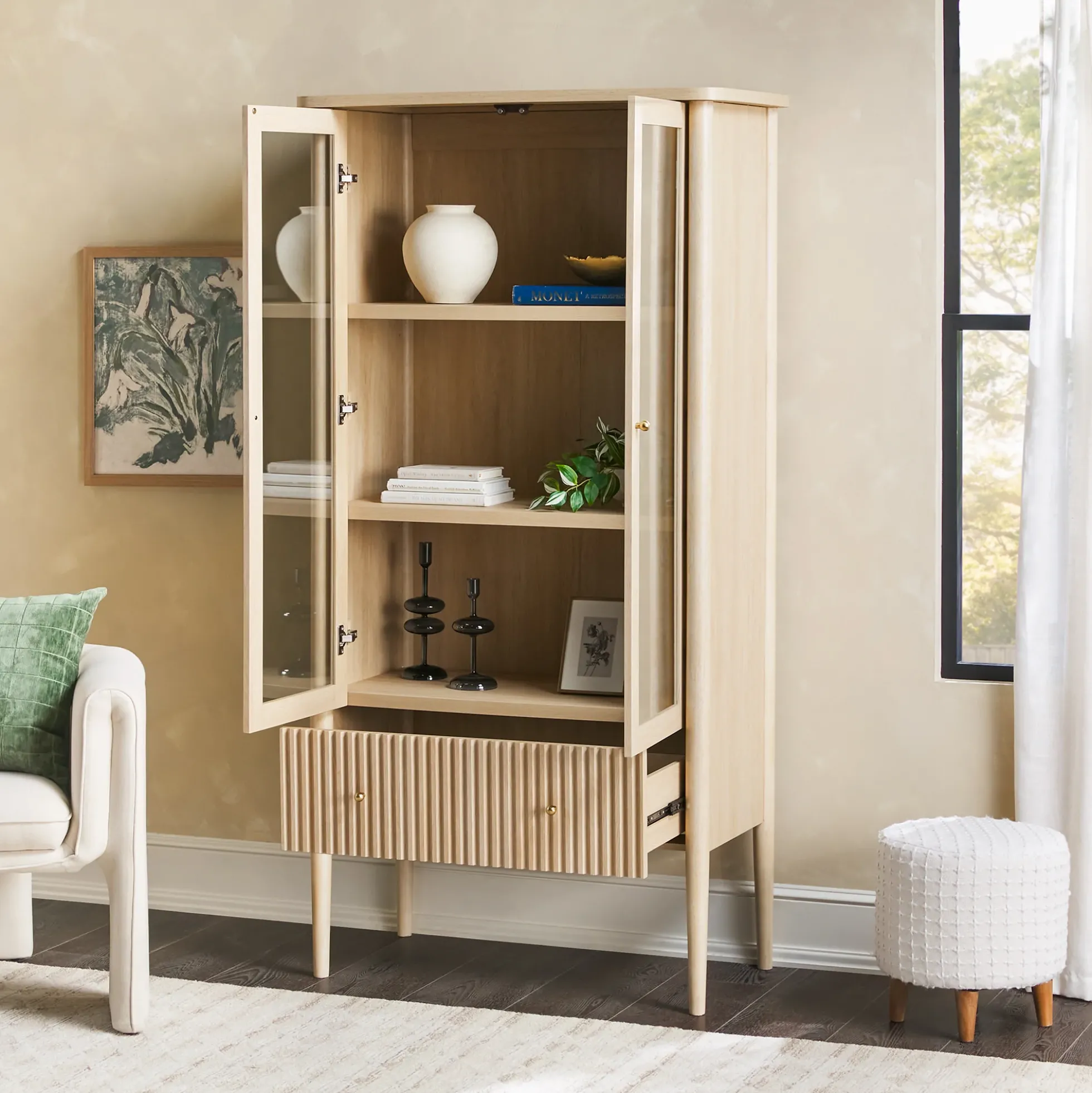 Samantha Modern Fluted Glass Cabinet Bookshelf