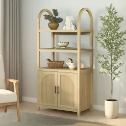 Sasha Modern Arched Bookshelf Cabinet with Reeded Doors
