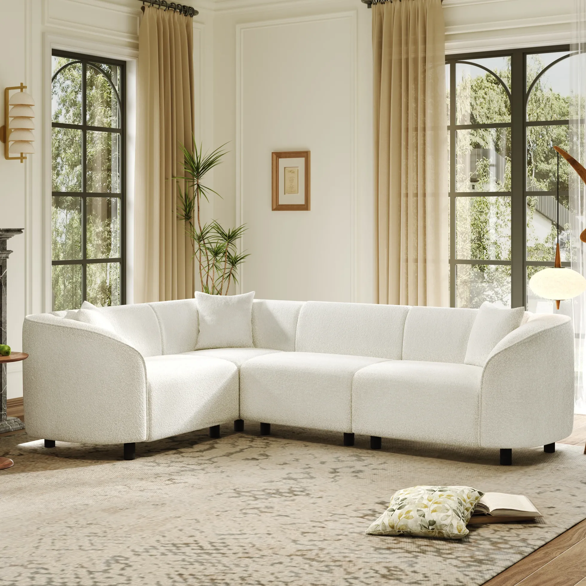 Sculptural Curved Contemporary Bouclé L-Shaped Sectional Sofa