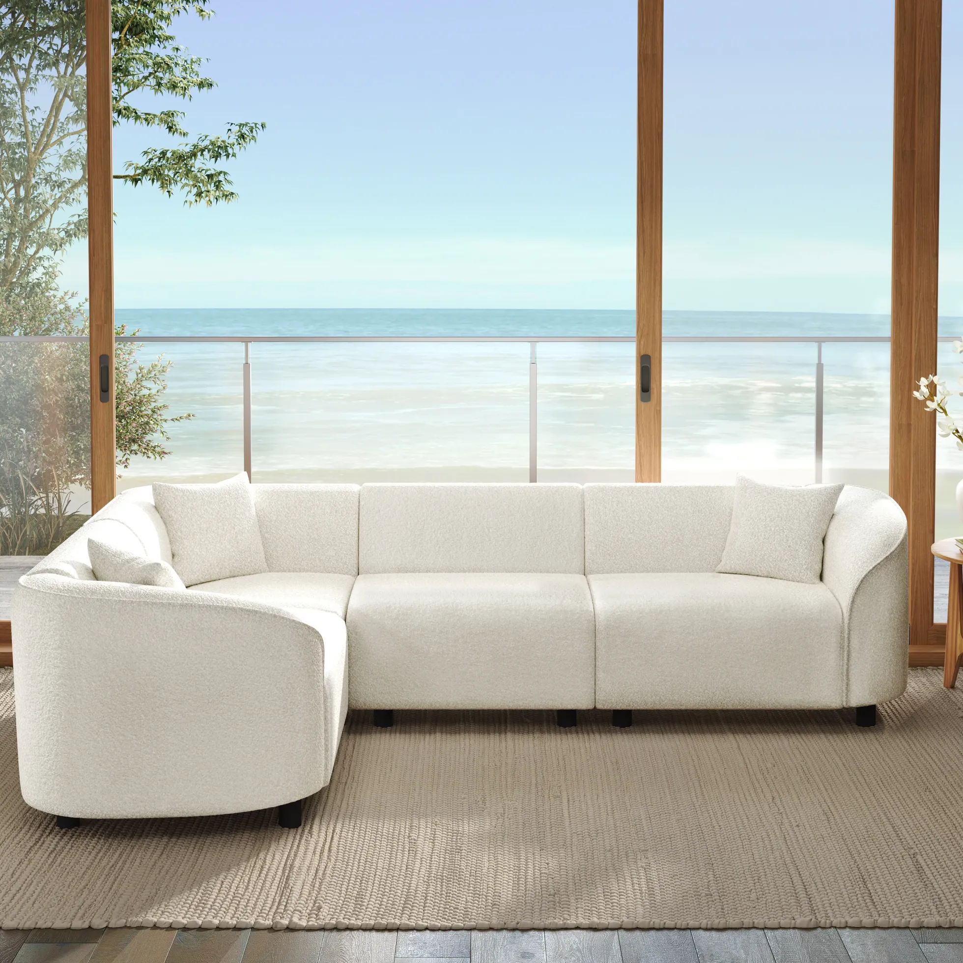Sculptural Curved Contemporary Bouclé L-Shaped Sectional Sofa