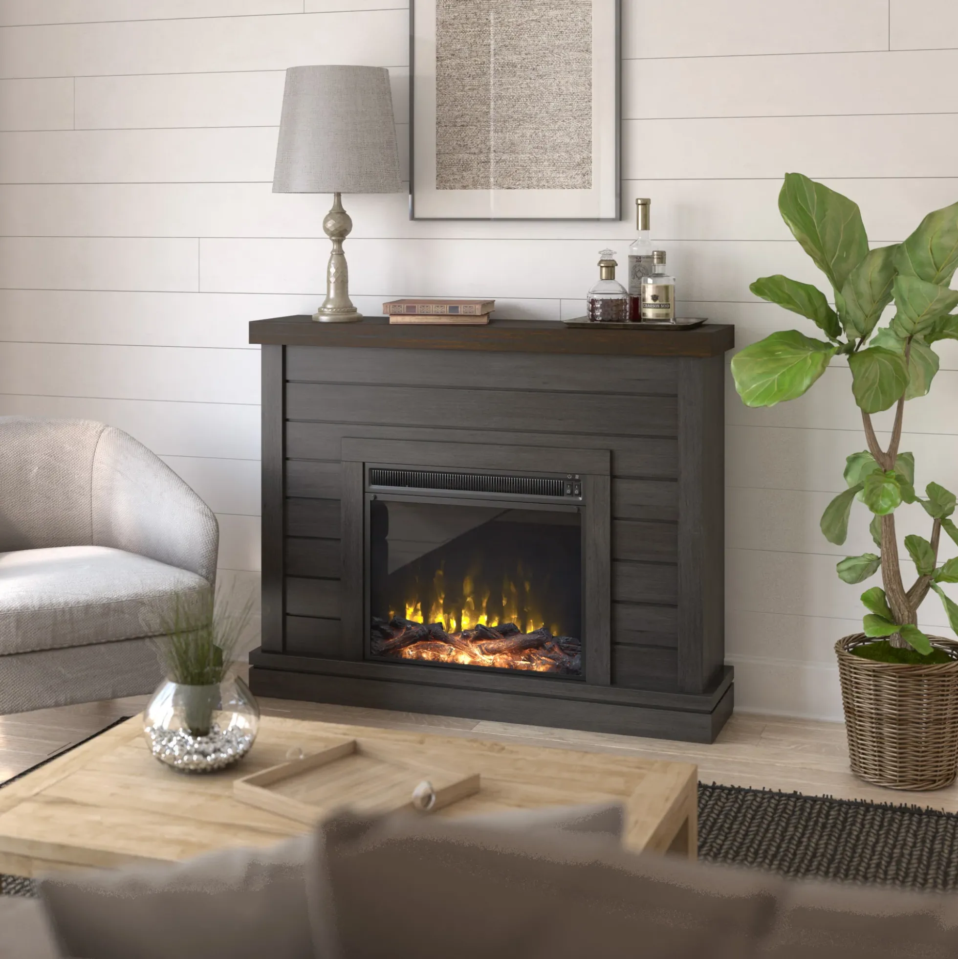 Shiplap Wall Mantel Electric Fireplace