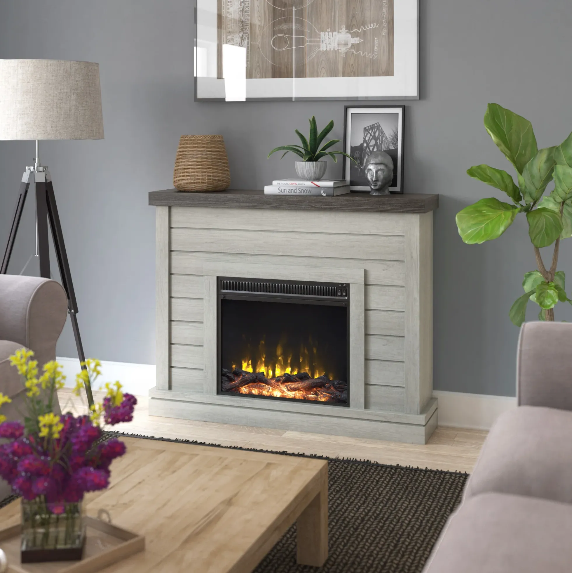Shiplap Wall Mantel Electric Fireplace