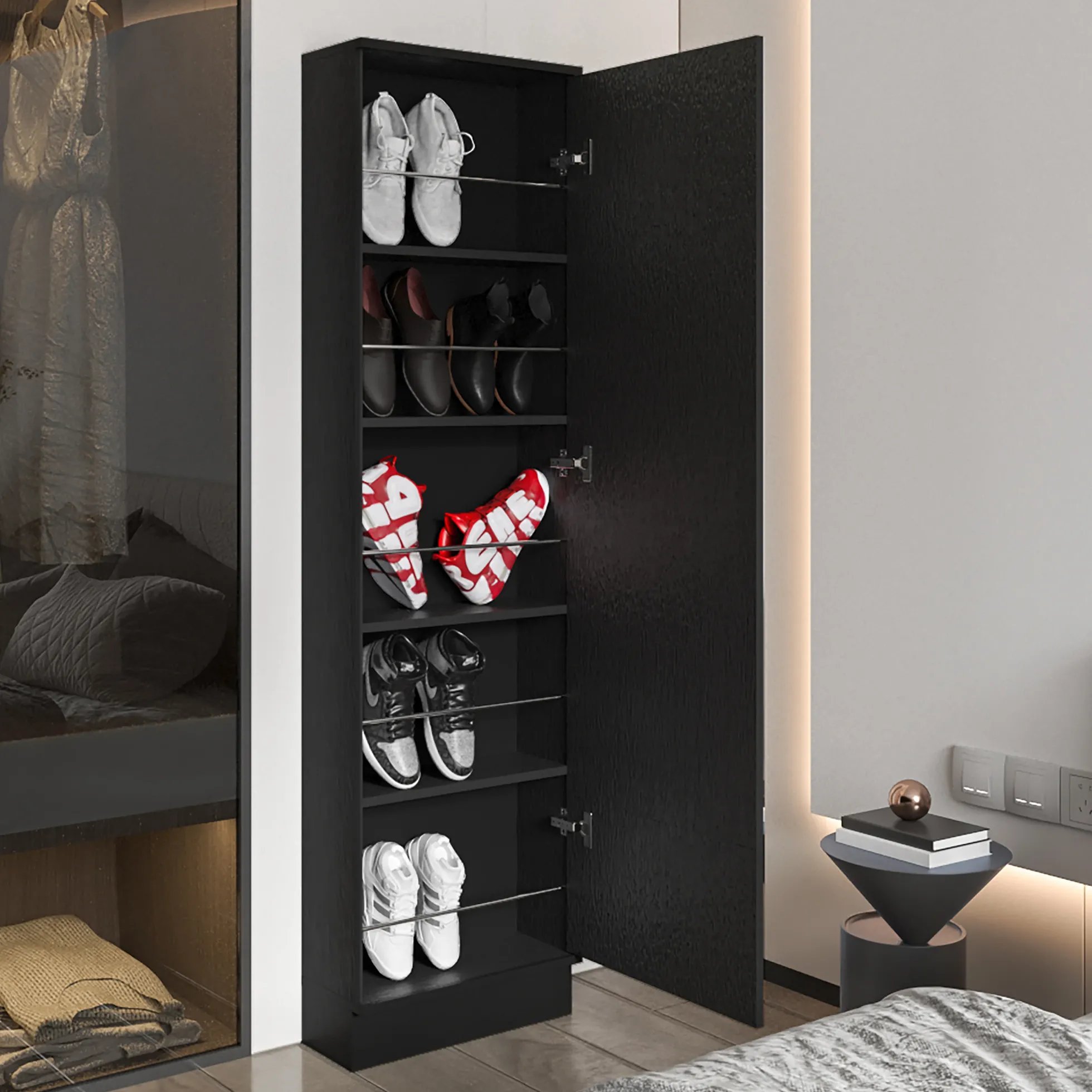 Single Door Mirror Shoe Rack Cabinet