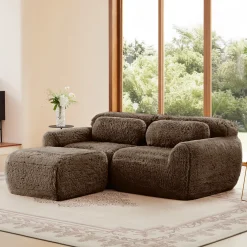 Soft Teddy Plush Ergonomic Design L-shaped Loveseat Sofa with Ottoman