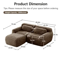 Soft Teddy Plush Ergonomic Design L-shaped Loveseat Sofa with Ottoman