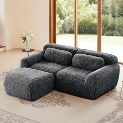 Soft Teddy Plush Ergonomic Design L-shaped Loveseat Sofa with Ottoman
