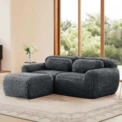 Soft Teddy Plush Ergonomic Design L-shaped Loveseat Sofa with Ottoman