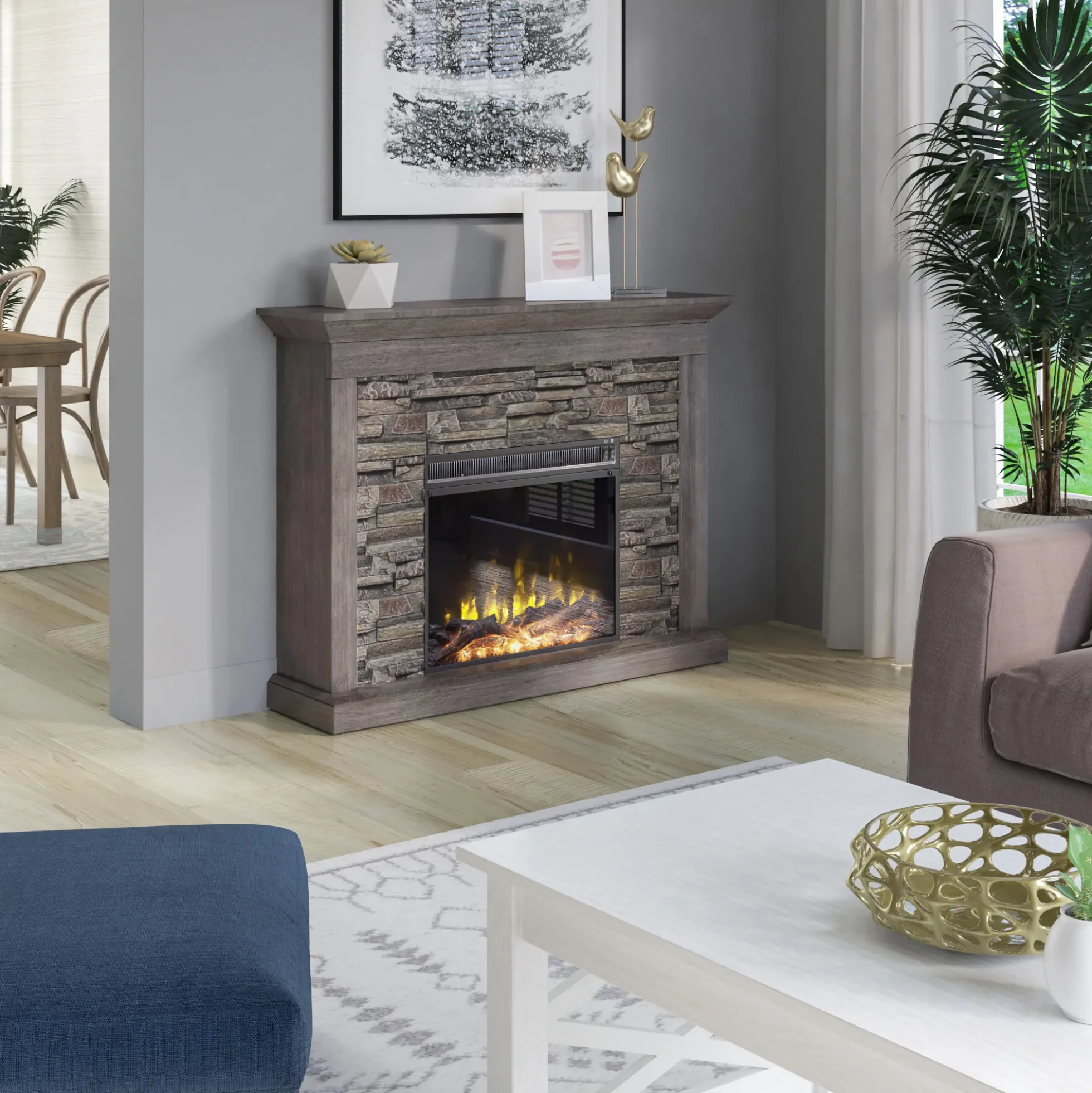 Stacked Stone Wall Mantel with Electric Fireplace