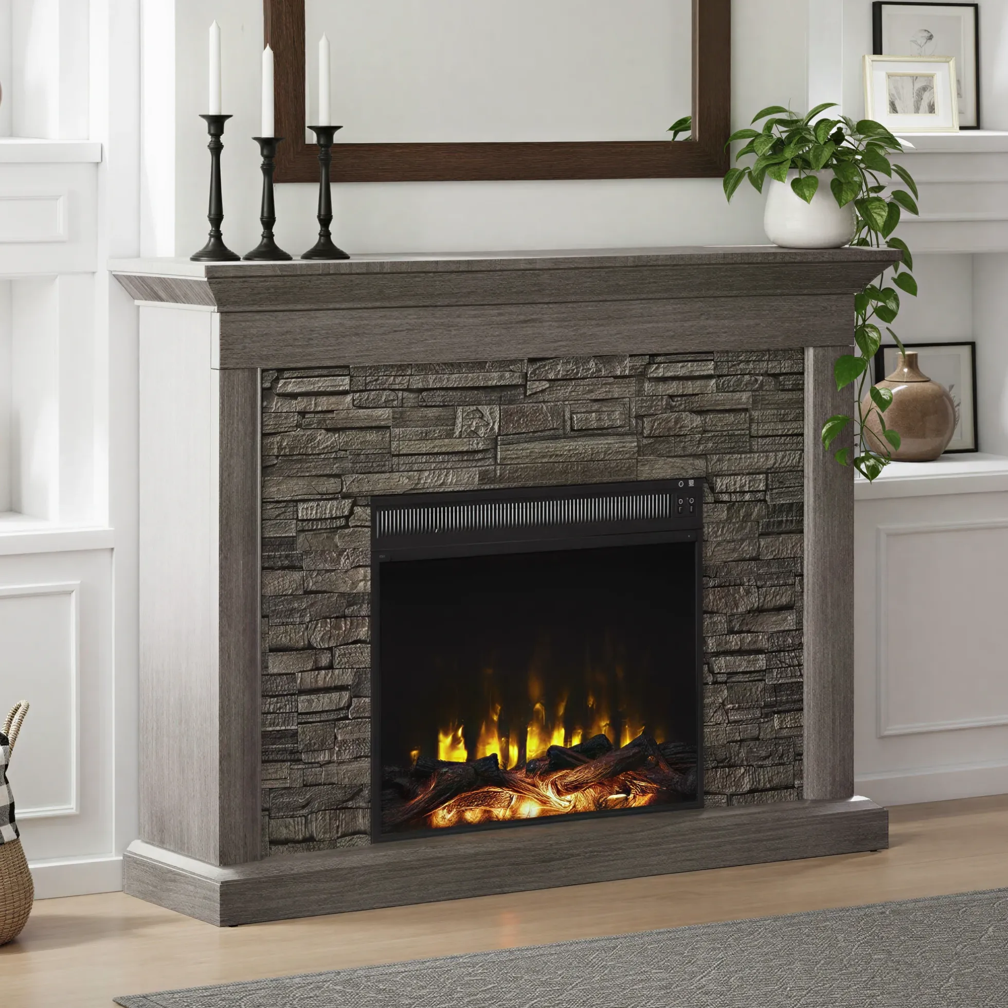 Stacked Stone Wall Mantel with Electric Fireplace