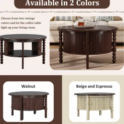 Traditional Design Round 30.3' Coffee Table with Storage Sliding Door