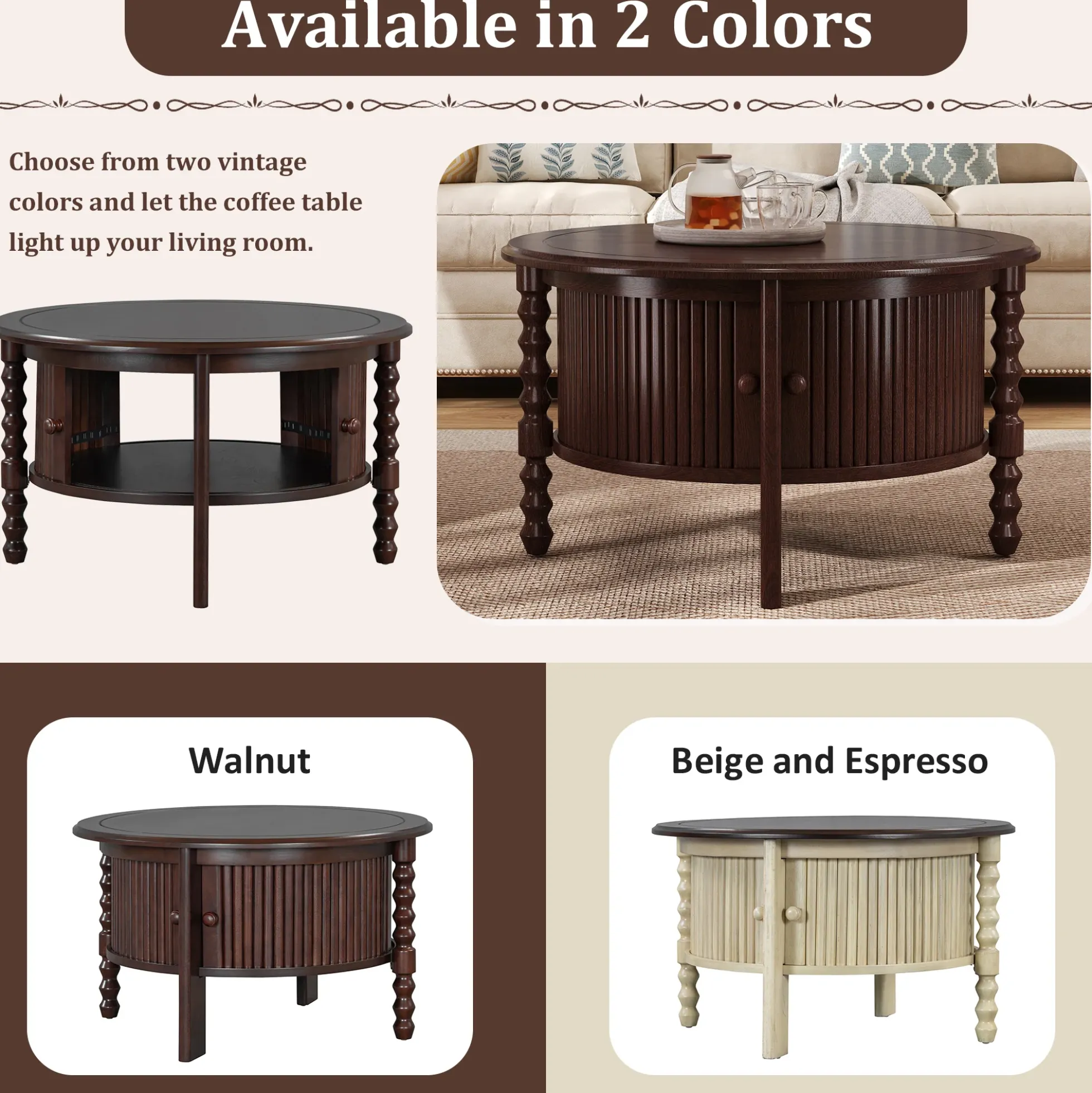 Traditional Design Round 30.3' Coffee Table with Storage Sliding Door