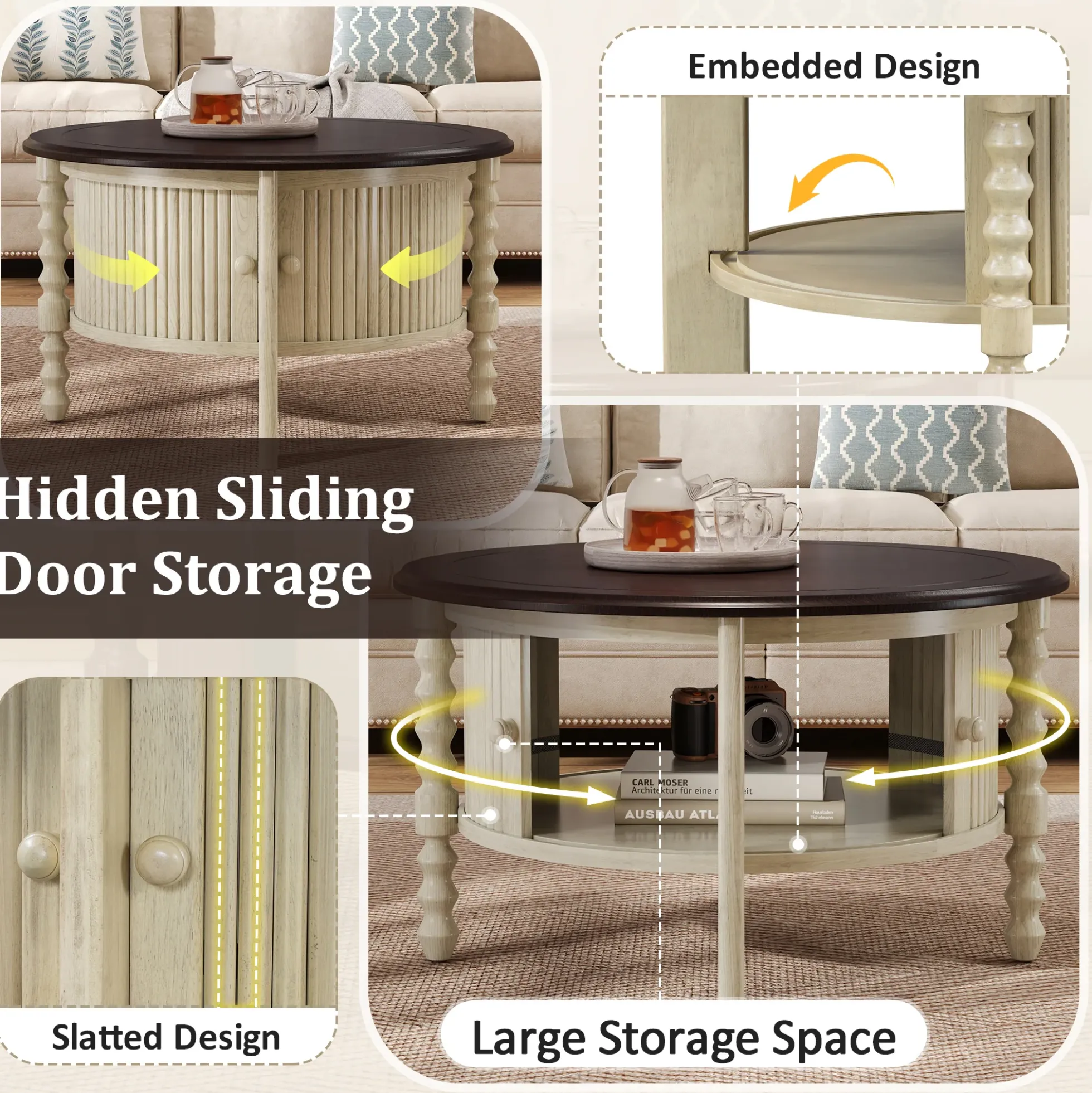 Traditional Design Round 30.3' Coffee Table with Storage Sliding Door