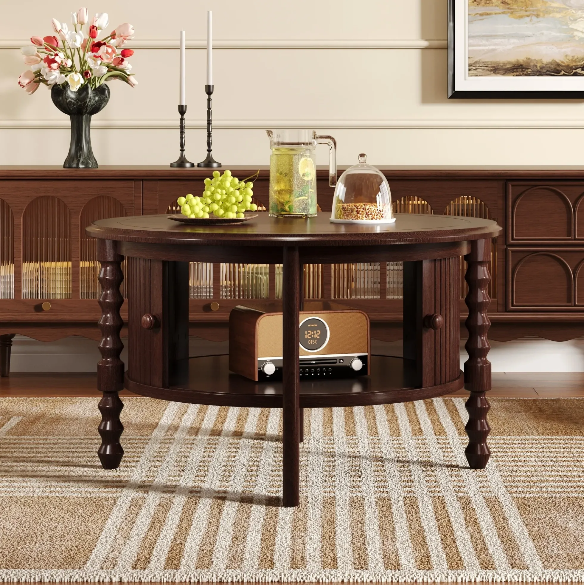 Traditional Design Round 30.3' Coffee Table with Storage Sliding Door