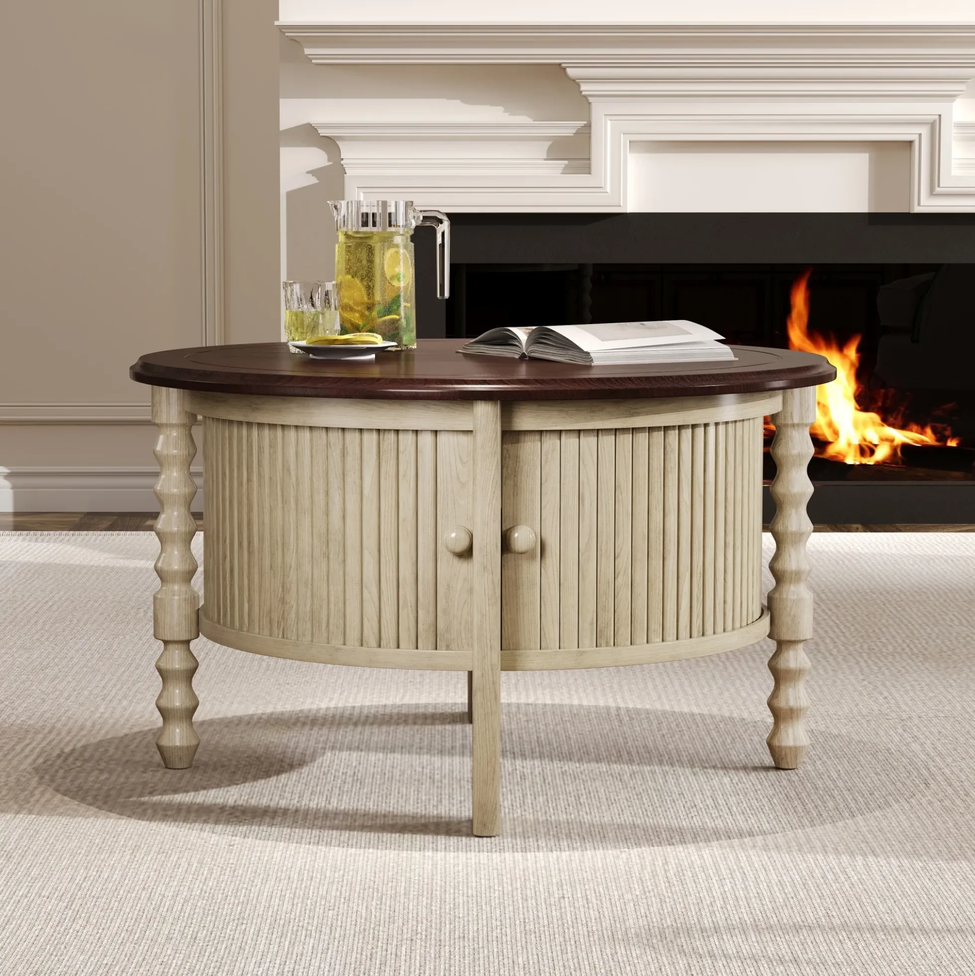 Traditional Design Round 30.3' Coffee Table with Storage Sliding Door