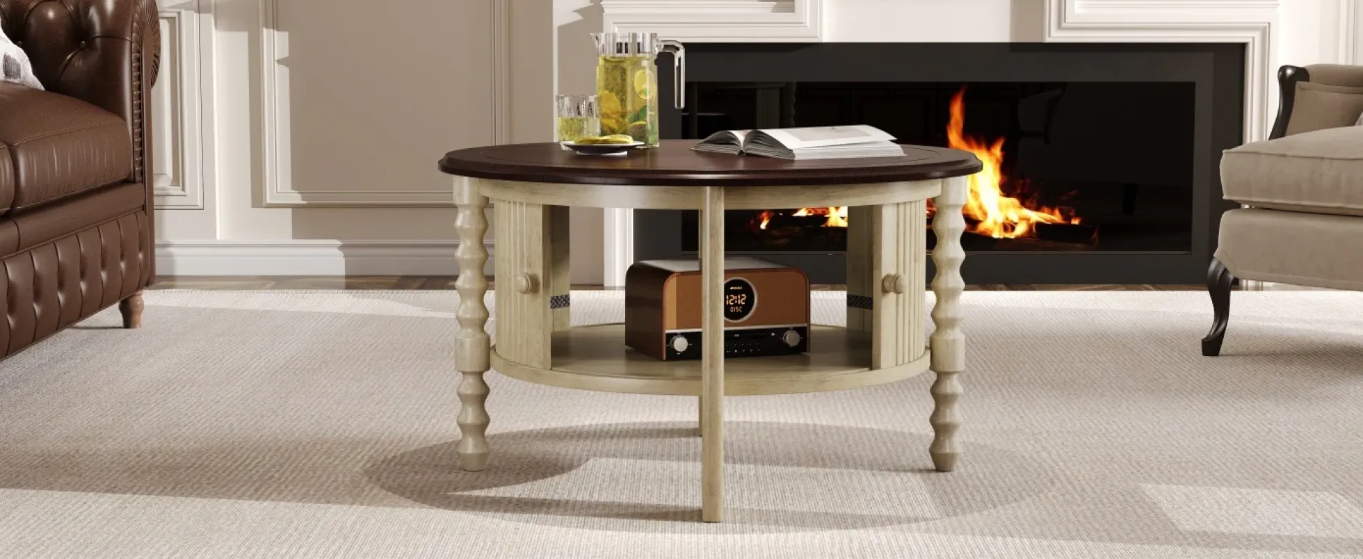 Traditional Design Round 30.3' Coffee Table with Storage Sliding Door