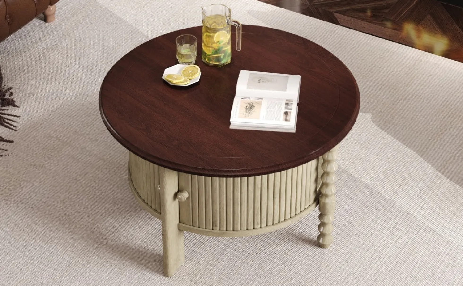 Traditional Design Round 30.3' Coffee Table with Storage Sliding Door