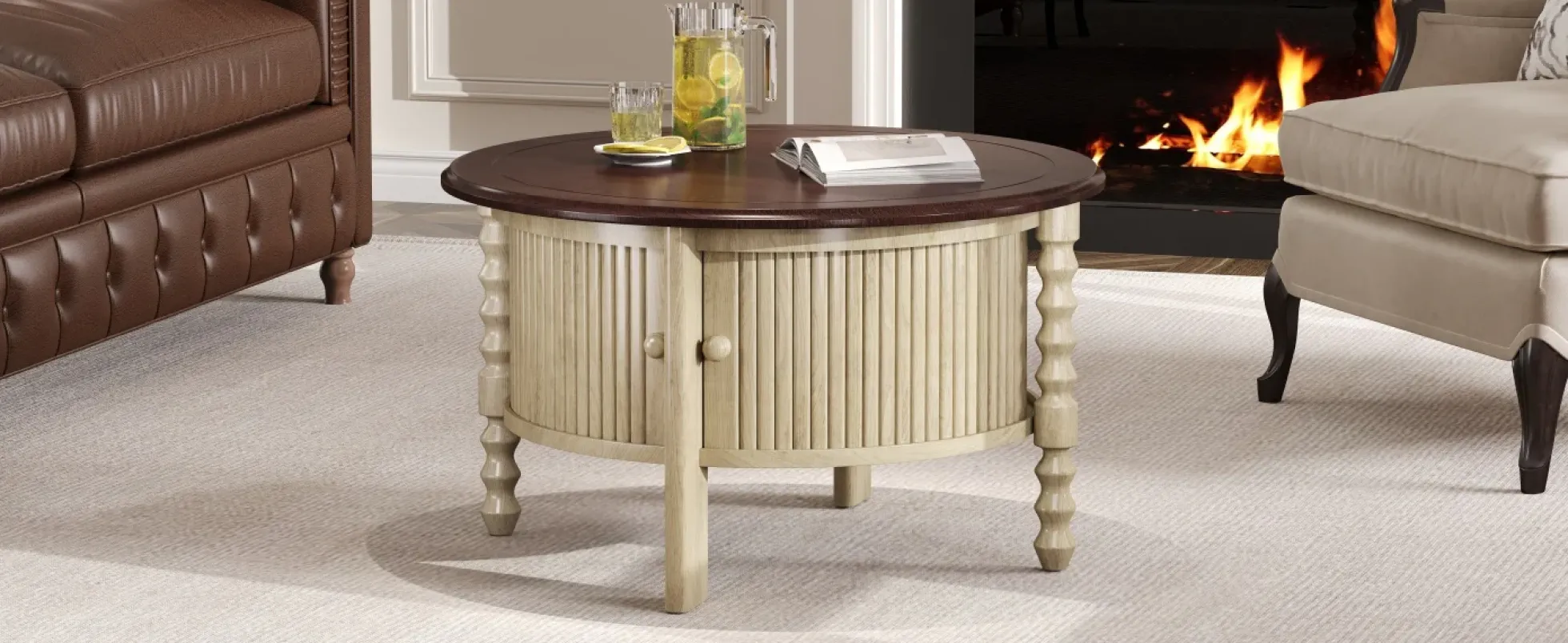 Traditional Design Round 30.3' Coffee Table with Storage Sliding Door