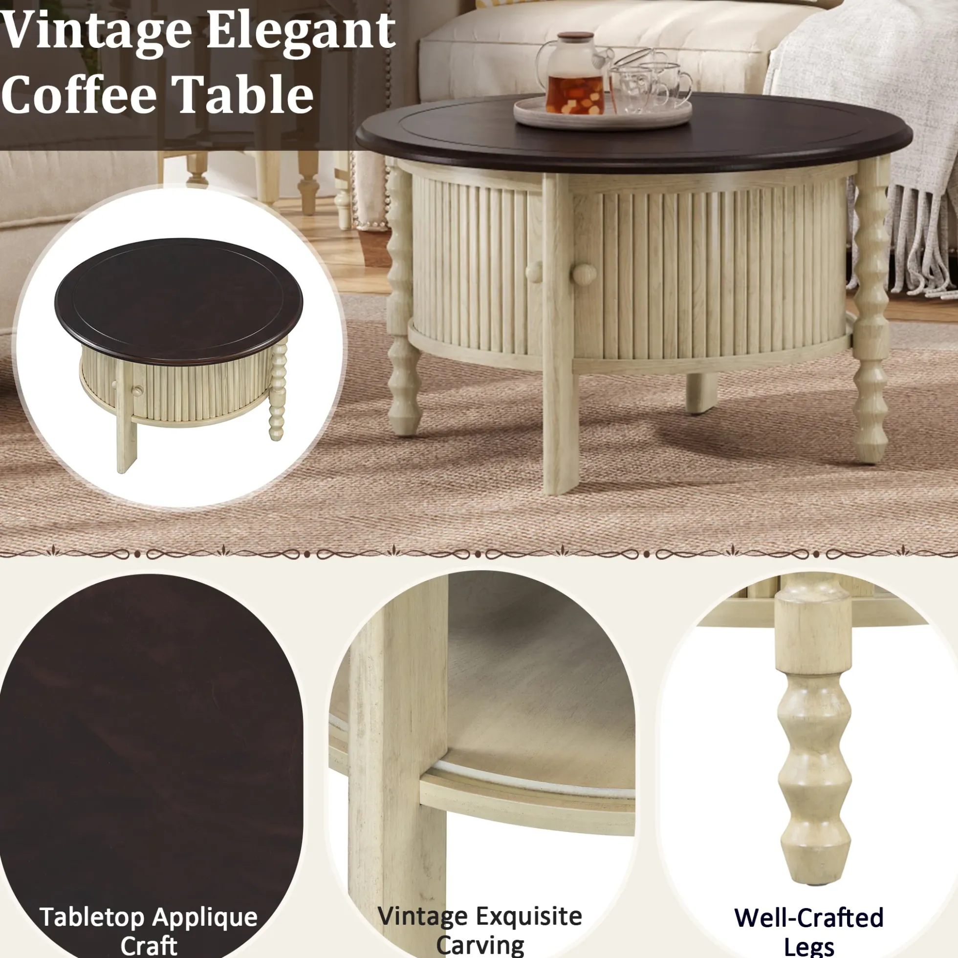 Traditional Design Round 30.3' Coffee Table with Storage Sliding Door