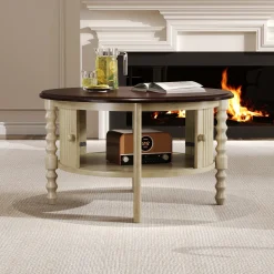 Traditional Design Round 30.3' Coffee Table with Storage Sliding Door