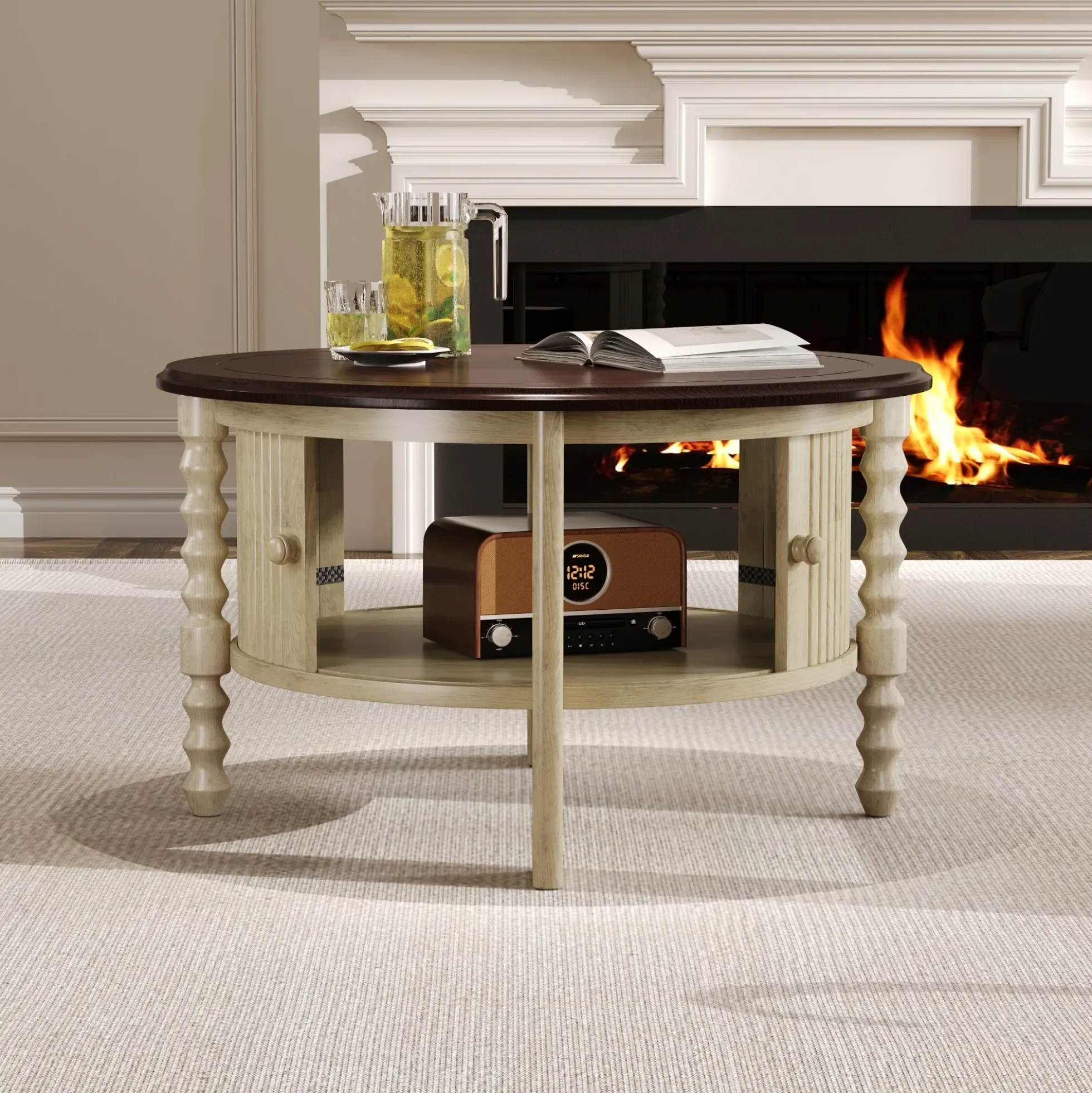 Traditional Design Round 30.3' Coffee Table with Storage Sliding Door