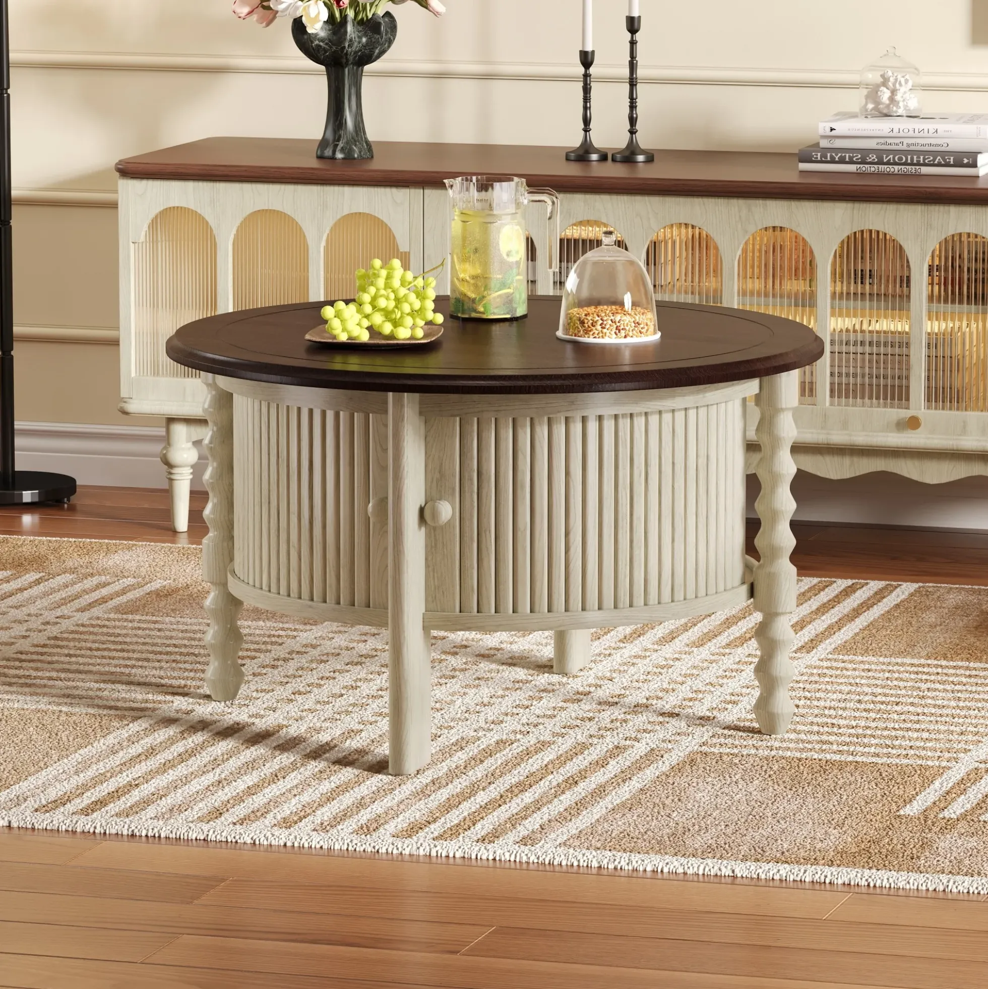 Traditional Design Round 30.3' Coffee Table with Storage Sliding Door