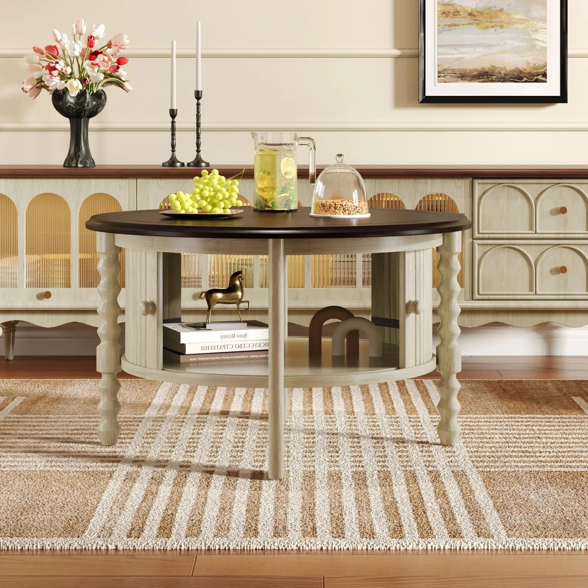 Traditional Design Round 30.3' Coffee Table with Storage Sliding Door