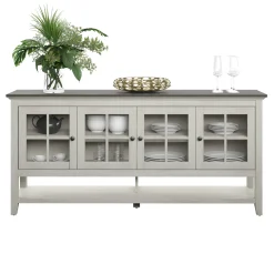 Traditional Farmhouse Windowpane Glass Doors Buffet Sideboard