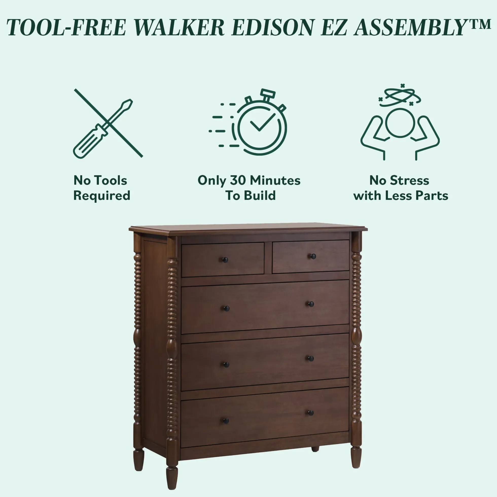 Traditional Vivienne 5-Drawer Easy Assembly Solid Wood Dresser