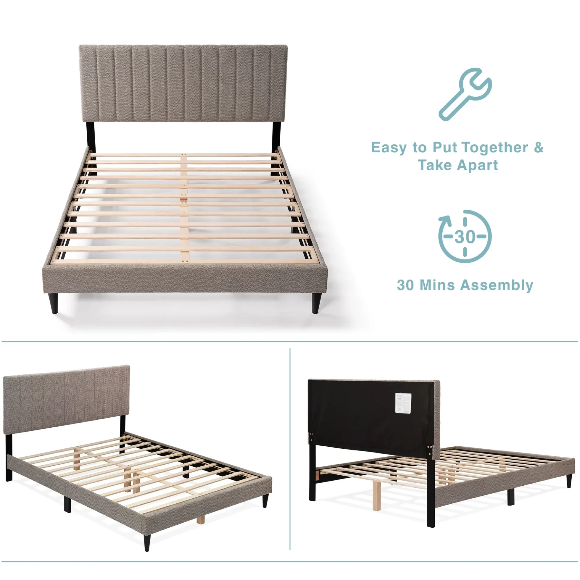 Tufted Boucle Upholstered Gray Queen Platform Bedframe