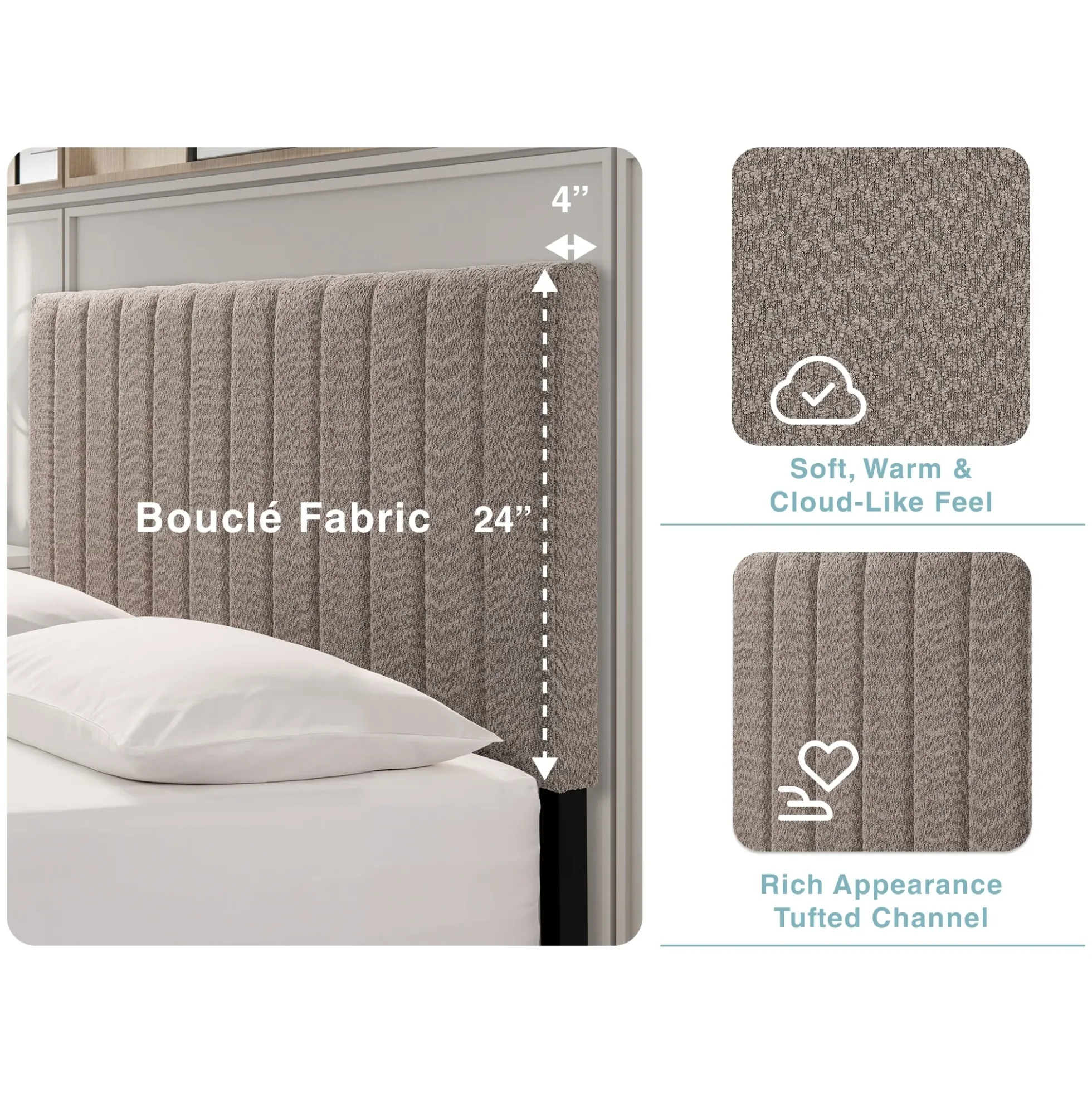 Tufted Boucle Upholstered Gray Queen Platform Bedframe