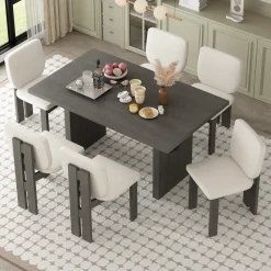 Walker Edison | 60' Wood 7-Piece Retro Dining Table Set for 6 with Upholstered Chairs