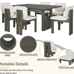 Walker Edison | 60' Wood 7-Piece Retro Dining Table Set for 6 with Upholstered Chairs