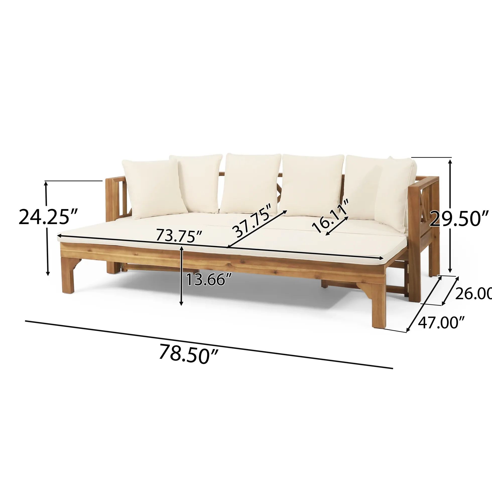 Walker Edison | Acacia Wood Outdoor Extendable Sofa into Daybed