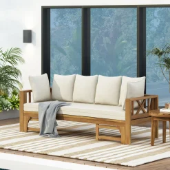Walker Edison | Acacia Wood Outdoor Extendable Sofa into Daybed
