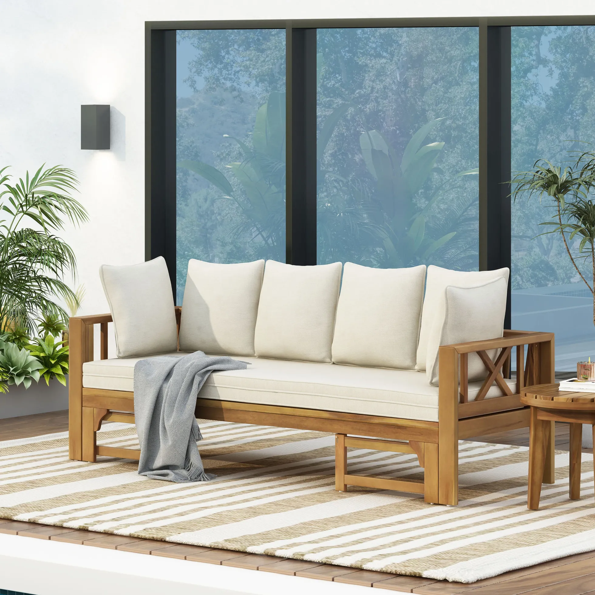 Walker Edison | Acacia Wood Outdoor Extendable Sofa into Daybed